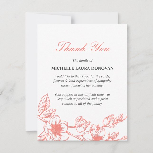Cartão De Agradecimento Funeral Elegante Obrigado Nota| Magnésia Coral (Frente)