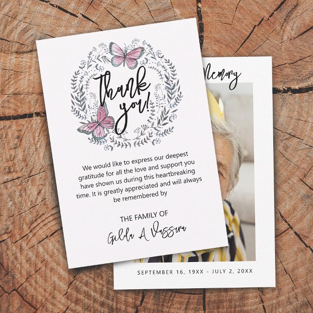 Cartão de agradecimento funeral floral borboleta 9 (3.5"x5" Butterfly Floral Funeral Thank You Card)