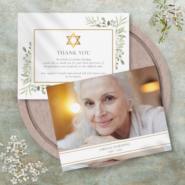 Cartão De Agradecimento Funeral Judaico Folhagem Estrela de Davi Dourada F (Jewish Funeral Foliage Gold Star Of David Photo Thank You Card)