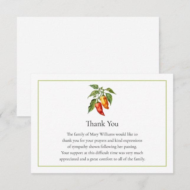 Cartão De Agradecimento Funeral Memorial Chili Pepper Thank You Note Card (Frente/Verso)