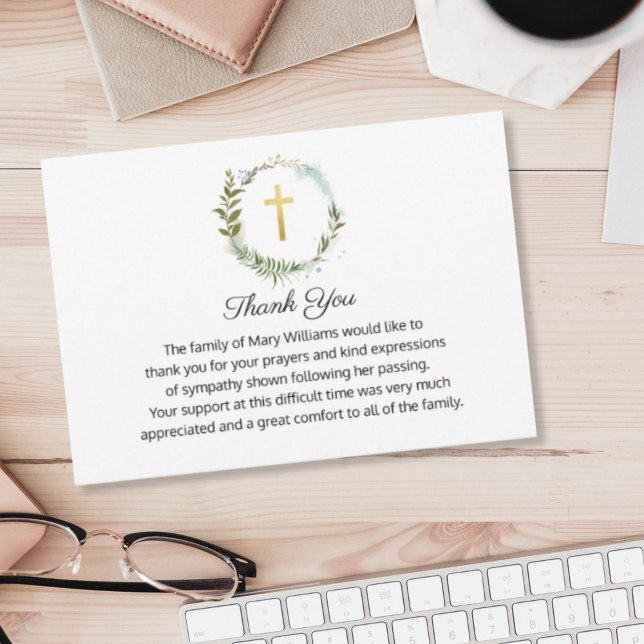 Cartão De Agradecimento Funeral Memorial Dourada Cross Wreath Obrigado (Criador carregado)