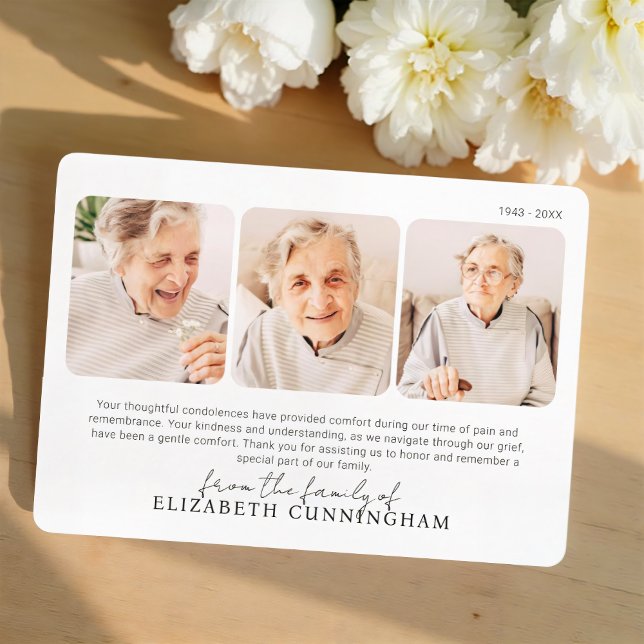Cartão De Agradecimento Funeral Memorial Modern Simple 3 Photos (Criador carregado)