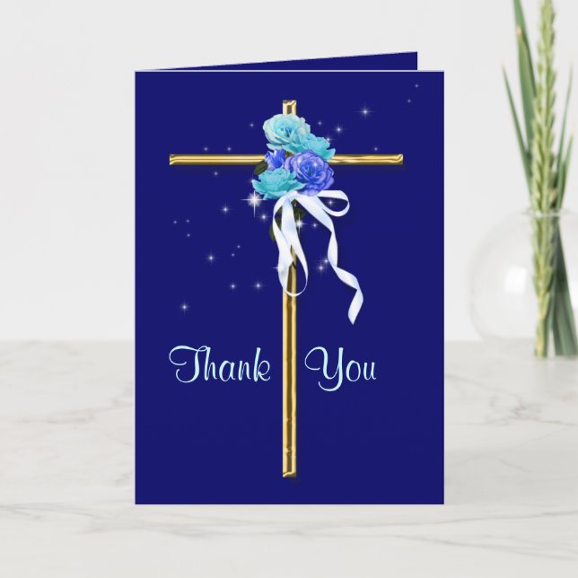 Cartão De Agradecimento Funeral "Obrigado", dourado azul religioso (Frente)