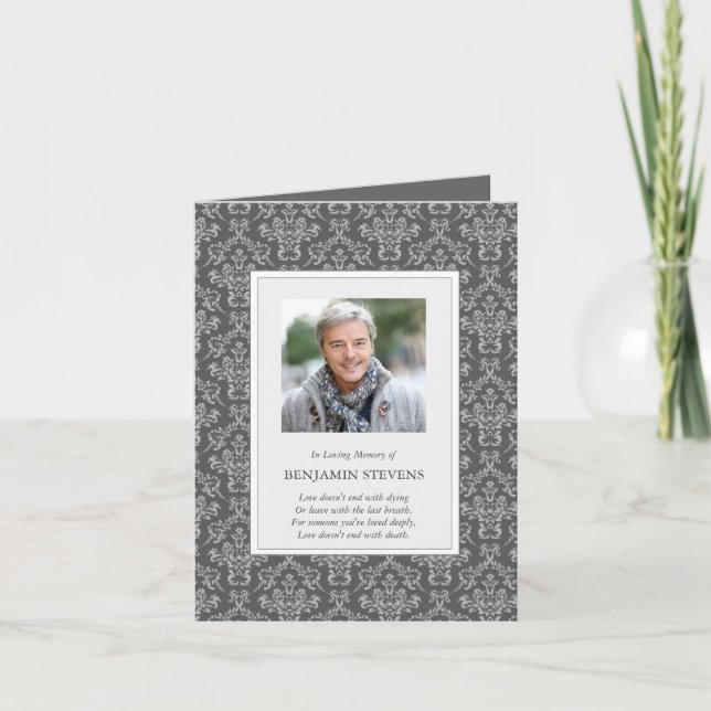 Cartão De Agradecimento Funeral Thank You Cards | Damask Silver 2 (Frente)