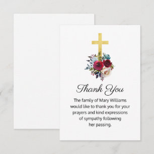 Cartão De Agradecimento Funerário, Dourada Cruz Floral, Obrigado