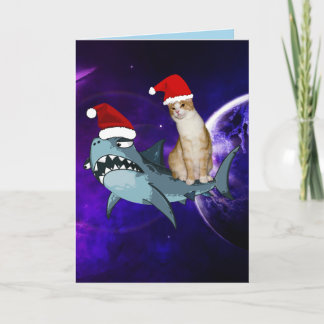 CARTÃO DE AGRADECIMENTO FUNNY CHRISTMAS SPACE CAT & SHARK GREETING CARD