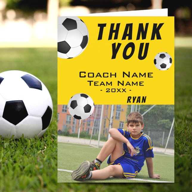 Cartão De Agradecimento Futebol de futebol amarelo obrigado Coach Photo (Criador carregado)