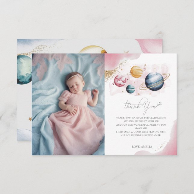 Cartão De Agradecimento Galáxias de Aniversário de Rapariga do Espaço Exte (Frente/Verso)