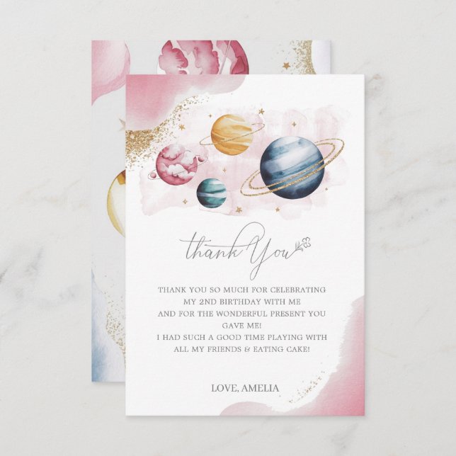 Cartão De Agradecimento Galáxias de Aniversário de Rapariga do Espaço Exte (Frente/Verso)