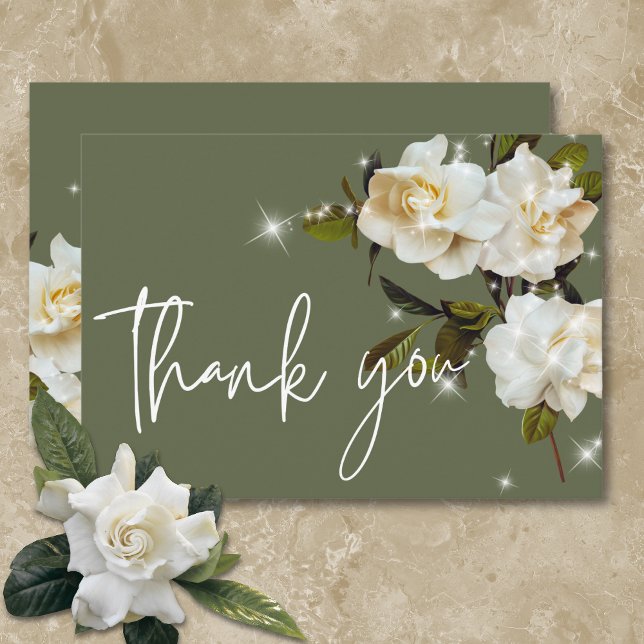 Cartão De Agradecimento Gardenias Brancas Modernas no Casamento de Sage Sp (Modern White Gardenias on Sage Sparkle Wedding Thank You Card)
