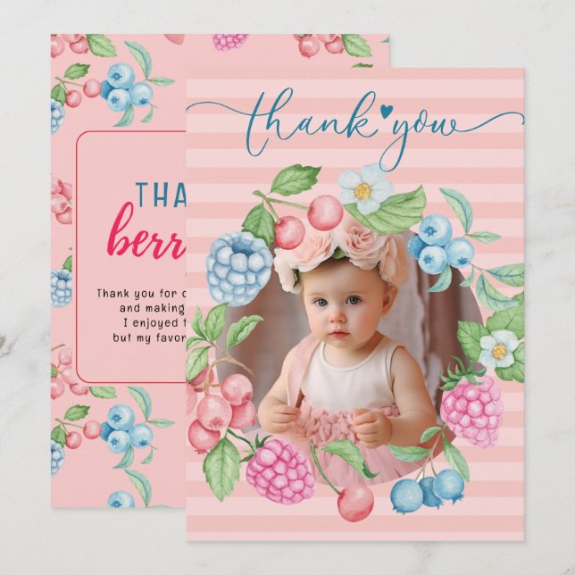 Cartão De Agradecimento Garota de Morango Aniversário Berry Muita Foto Obr (Frente/Verso)