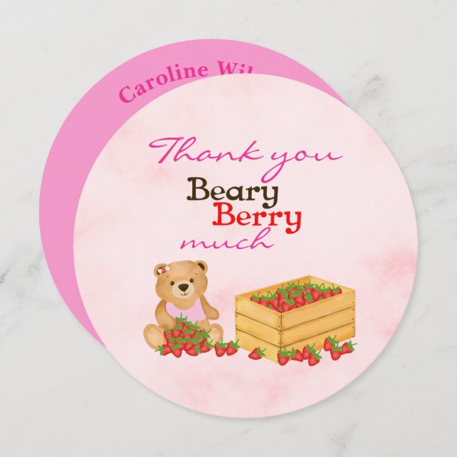 Cartão De Agradecimento Garota Doce e Berry Morango Cub Aniversário (Frente/Verso)