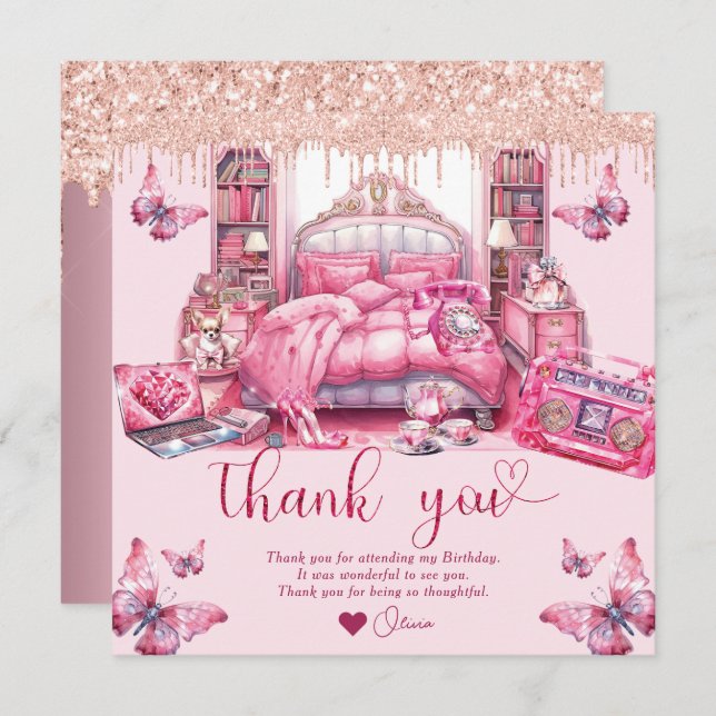 Cartão De Agradecimento Garota Dormida Aniversário Glitter caindo (Frente/Verso)