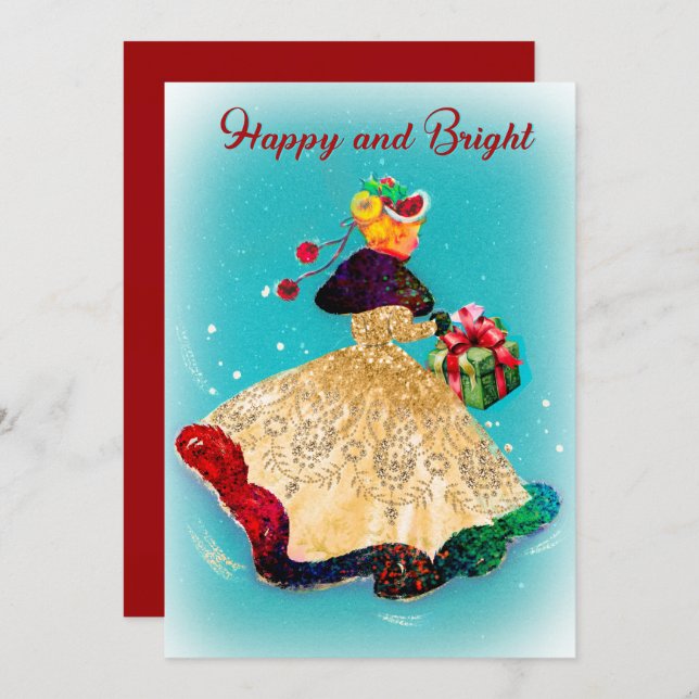 Cartão De Agradecimento Garota dourada da caixa de presentes de natais vin (Frente/Verso)