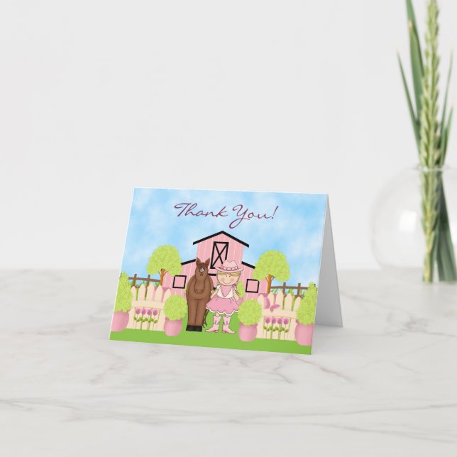 Cartão De Agradecimento Garota loira e cavalo marrom agradecidos (Frente)