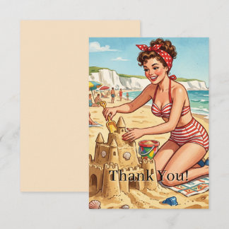 Cartão De Agradecimento Garota Pin Up Vintage Fazendo Castelo de Areia | P