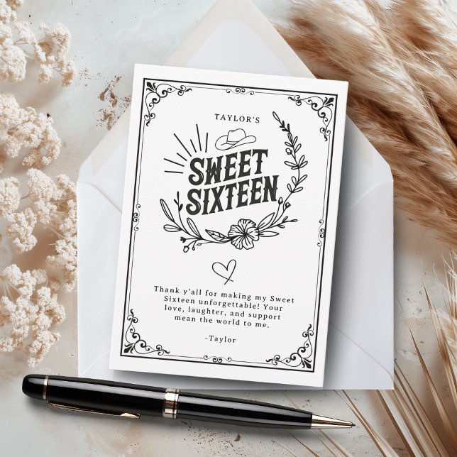 Cartão De Agradecimento Garota russa negra e branca doce dezesseis (Rustic Sweet Sixteen thank-you card with a western floral design in black and white.)