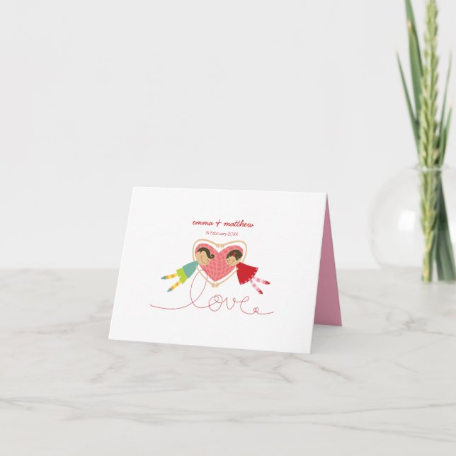 Cartão De Agradecimento Garoto de Desenho Animado Corações Garota Apaixona (Frente)