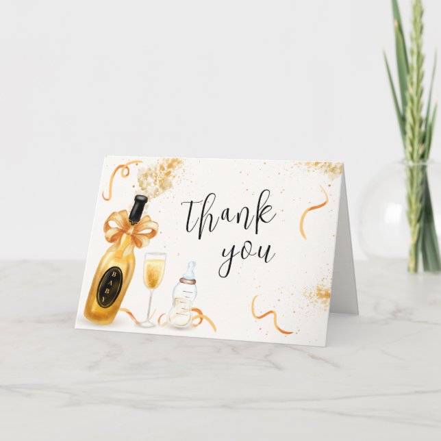 Cartão De Agradecimento Garrafas Douradas pretas Chá de fraldas de champan (Frente)
