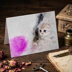 Cartão De Agradecimento Gatinho brincando com uma bola de fio rosa aquarel