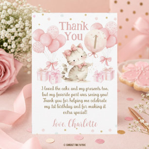 Cartão De Agradecimento Gatinho Fofinho Balões Rosa 1º 2º 3º Aniversário