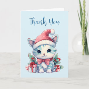 Cartão De Agradecimento Gatinho Fofo de Chapéu de Papai Noel Natal