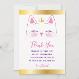 Cartão De Agradecimento Gatinho Rosa e Festa de aniversário Dourada