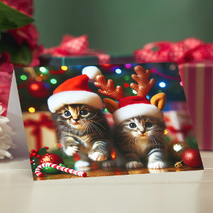 Cartão De Agradecimento Gatinhos bonitos com Papai Noel e chapéus de rena