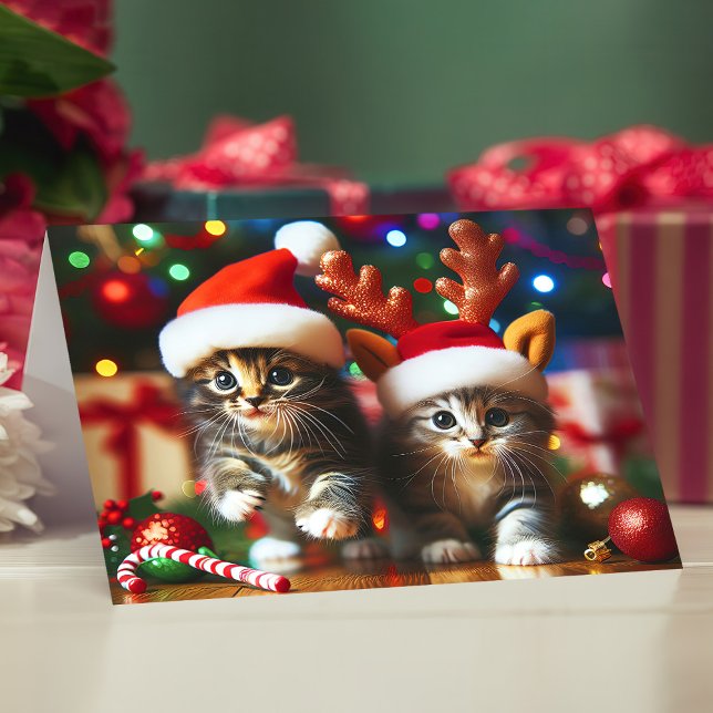 Cartão De Agradecimento Gatinhos bonitos com Papai Noel e chapéus de rena  (Criador carregado)