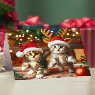 Cartão De Agradecimento Gatinhos bonitos com Papai Noel e chapéus de rena 