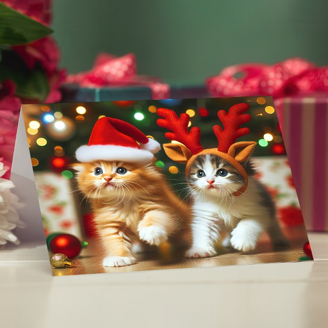 Cartão De Agradecimento Gatinhos bonitos com Papai Noel e chapéus de rena  (Criador carregado)
