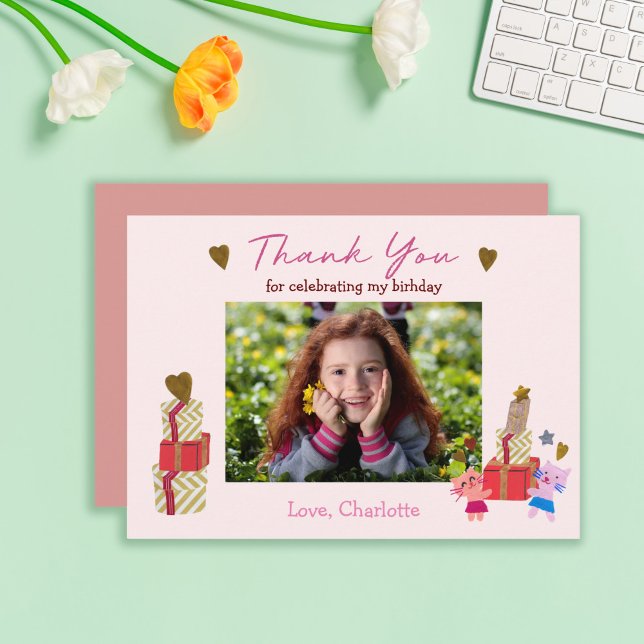 Cartão De Agradecimento Gato bonito e presentes | festa de aniversário ros (Criador carregado)