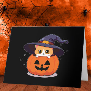 Cartão De Agradecimento Gato com chapéu de bruxa na abóbora de Halloween