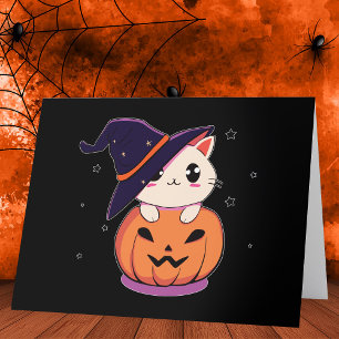 Cartão De Agradecimento Gato com chapéu de bruxa na abóbora de Halloween