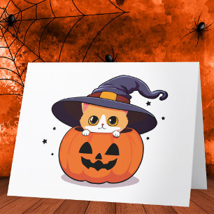 Cartão De Agradecimento Gato com chapéu de bruxa na abóbora de Halloween