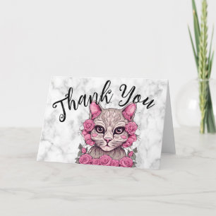 Cartão De Agradecimento Gato com Rosas Rosa