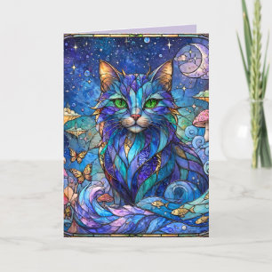 Cartão De Agradecimento Gato Cósmico Vidro Pintado Surrealista Olhos Azuis