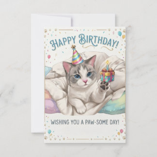 Cartão De Agradecimento Gato de aniversário fofo com chapéu de festa e pre