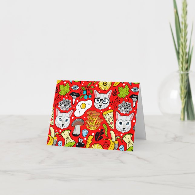 Cartão De Agradecimento Gato e ovo no vermelho (Frente)