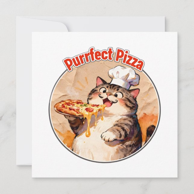 Cartão De Agradecimento Gato Feliz Chef com Pizza (Frente)