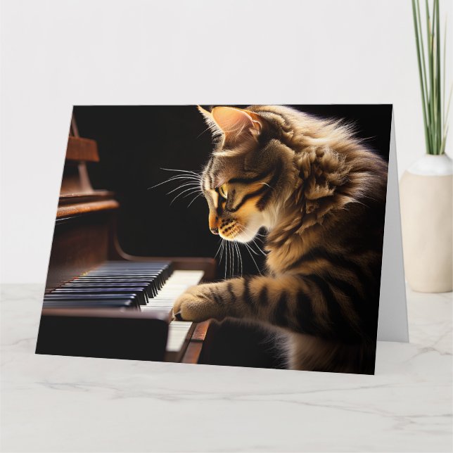 CARTÃO DE AGRADECIMENTO GATO JOGANDO PIANO BIRTHDAY GREETING CARD (Frente)