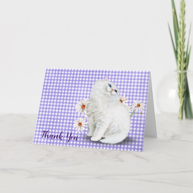 Cartão De Agradecimento Gato Persa Branco e Margarida (Frente)