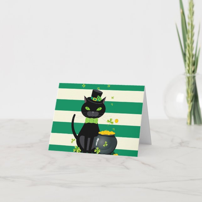 Cartão De Agradecimento Gato preto em arco e chapéu com shamrock verde (Frente)