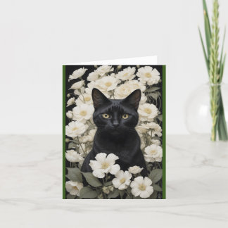Cartão De Agradecimento gato preto em flores brancas