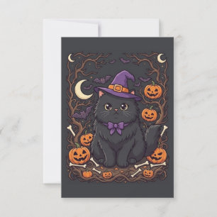 Cartão De Agradecimento Gato Preto Fofo do Halloween com Chapéu de Bruxa e