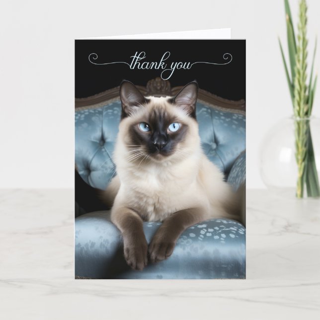 Cartão De Agradecimento Gato Siames no Sofá Azul (Frente)