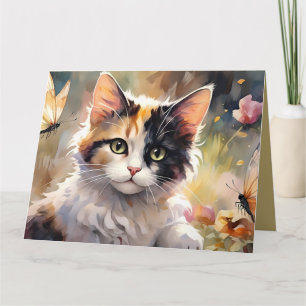 Cartão De Agradecimento Gato Tricolor, Borboletas Jardim de Primavera