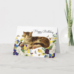 Cartão De Agradecimento Gato Vitoriano Dormindo Floral Borboleta Feliz Ani