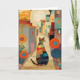 Cartão De Agradecimento Gatos e flores numa aldeia lua