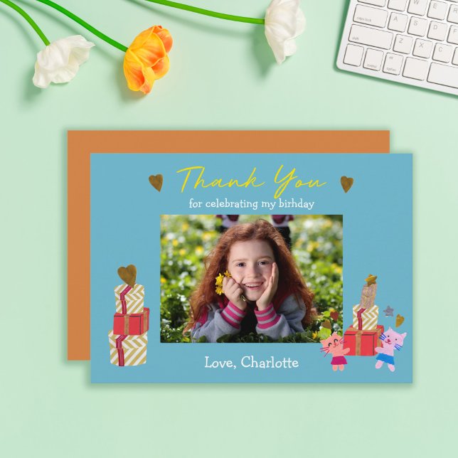 Cartão De Agradecimento Gatos Fofos e Presentes Foto Azul de Aniversário I (Criador carregado)